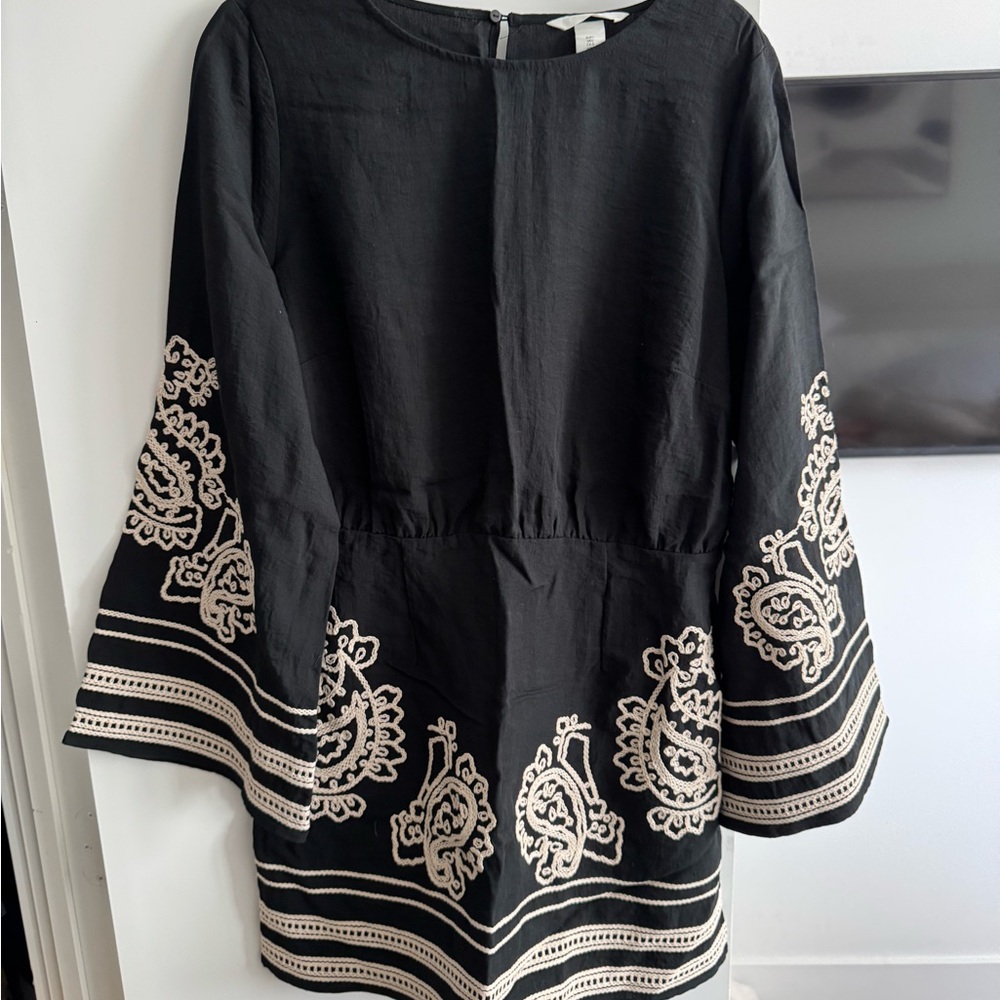 H&M Black Midi Dress with Cream Embroidery